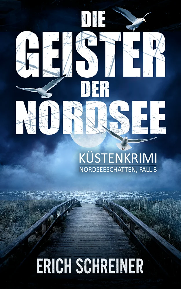 Das Buchcover des dritten Teils der Küstenkrimi-Reihe Nordseeschatten - Die Geister der Nordsee von Erich Schreiner. Dargestellt wird ein Steg bei Nacht, der zum Strand führt.