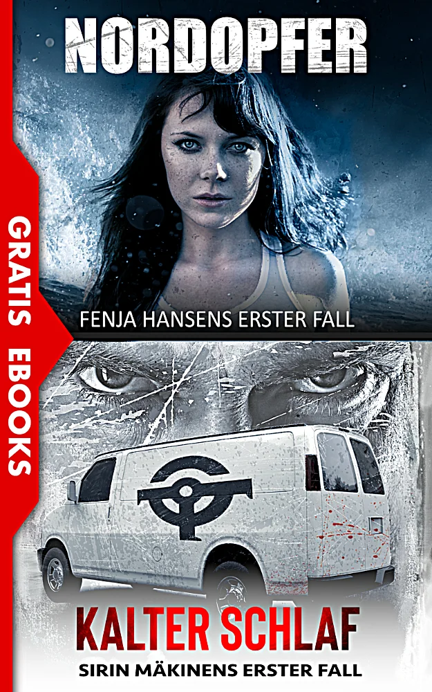 Buchcover der beiden kostenlosen E-Books Kalter Schlaf und Nordopfer von Erich Schreiner. Dargestellt wird eine Kollage: das Gesicht einer in die Kamera blickenden jungen Frau sowie ein alter Transporter und die Augen des Killers im Hintergrund.