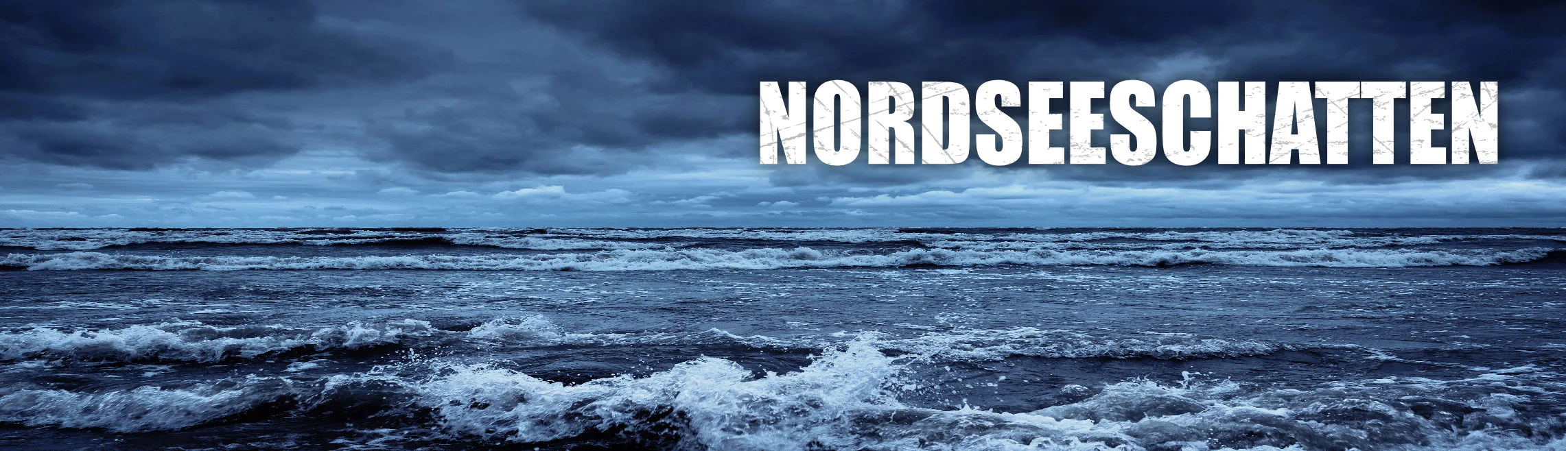 Das Webseiten-Banner der Küstenkrimi-Reihe Nordseeschatten. Dargestellt wird eine raue See im Breitbildformat mit blaufilter.