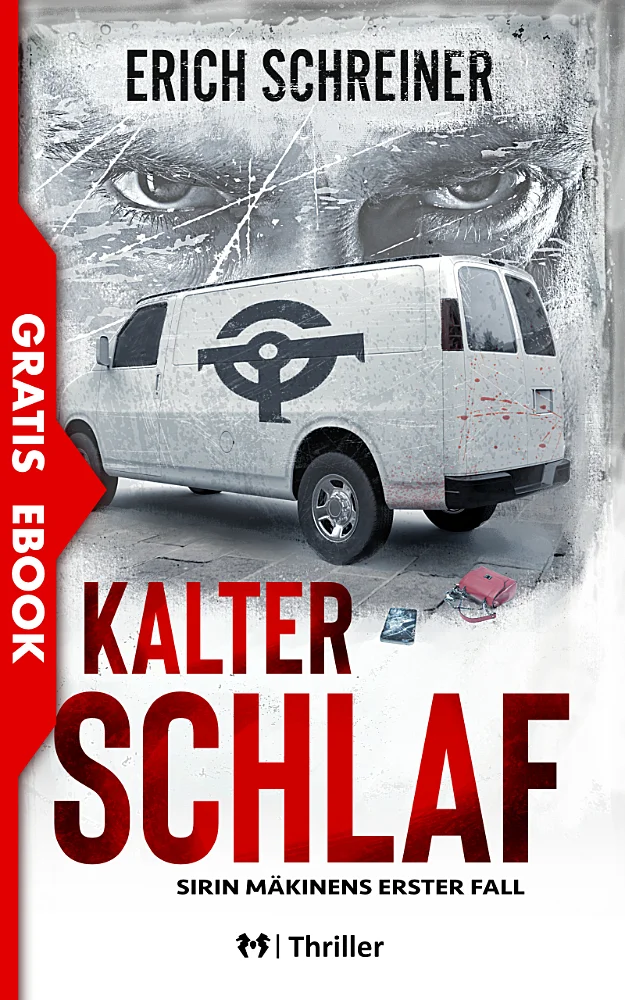 Das Buchcover der kostenlosen Vorgeschichte der Thriller-Reihe SOKO Nachtwache 'Kalter Schlaf' von Erich Schreiner. Dargestellt werden ein Transporter mit einem okkulten Symbol, davor eine Handtasche auf dem Boden und die Augen des Killers im Hintergrund.